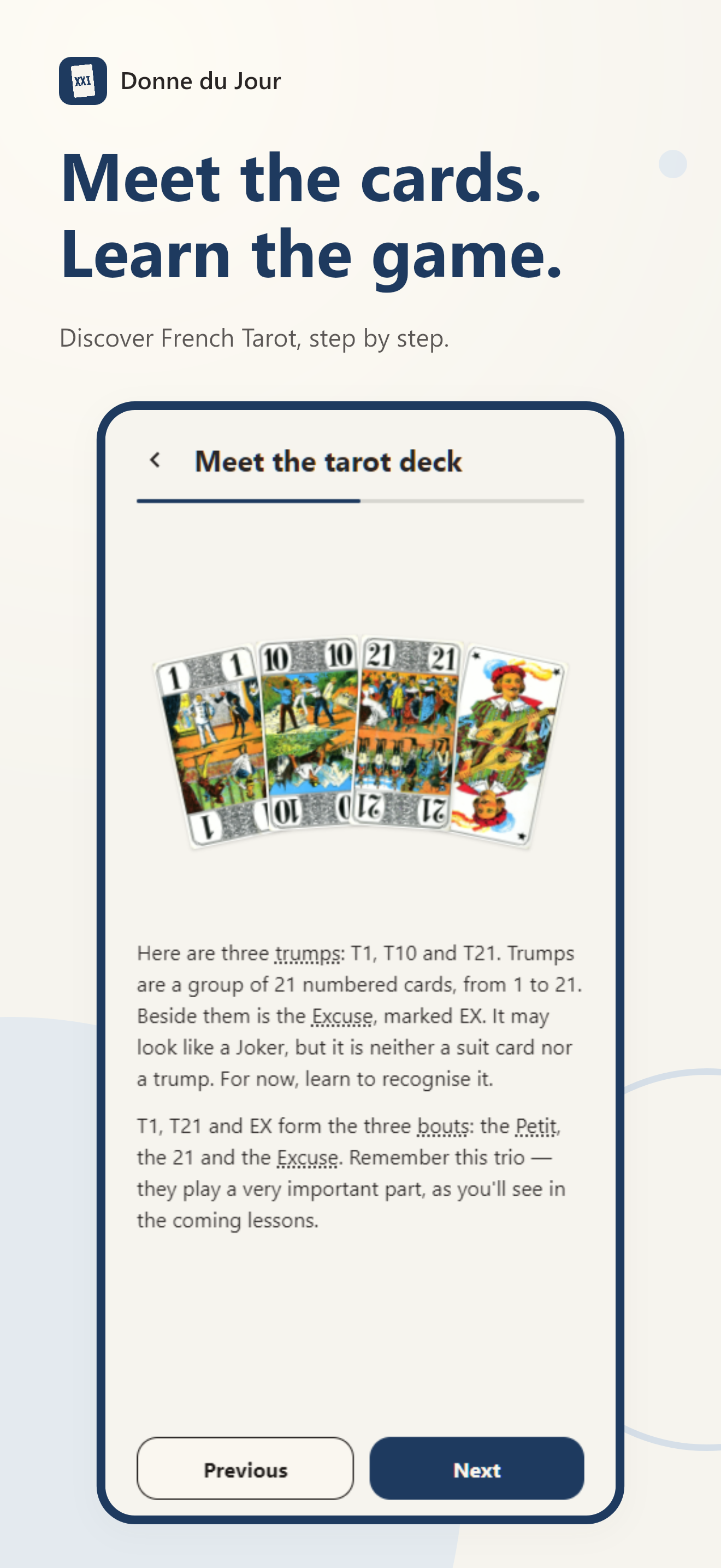A lesson introduces the French Tarot deck.
